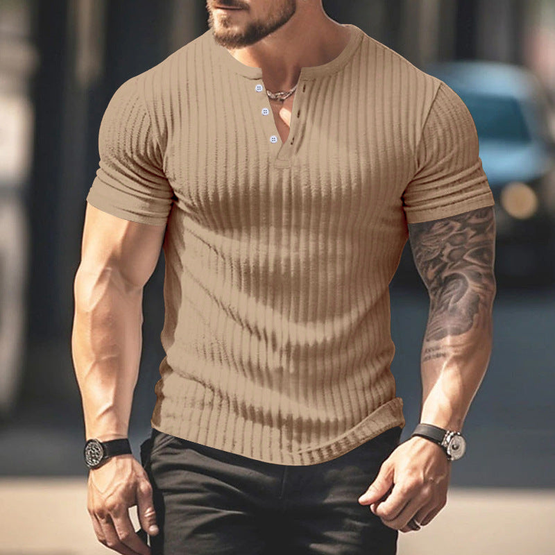 Men's Short Sleeve Top Sunken Stripe V-neck Slim Fit Henley T-shirt My stor