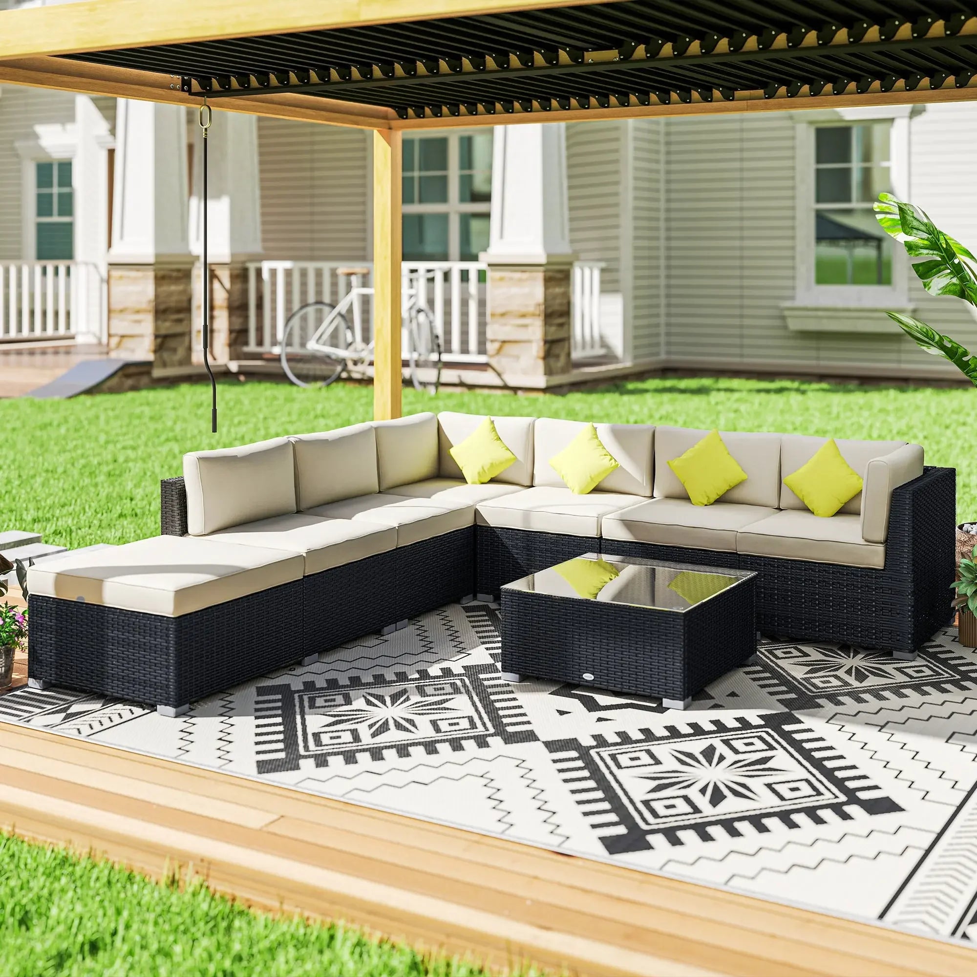 8 Piece Rattan Corner Sofa Set With Wide & Deep Seat, Assembled Aluminium PE Rattan Garden Furniture Set With Thick Cushions And Glass Top Table For Outdoor, Conservatory, Black My stor