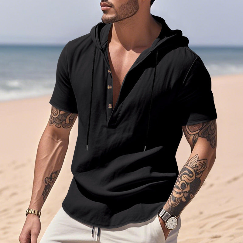 Breathable Linen Hooded Henley Shirt With Short Sleeves My stor