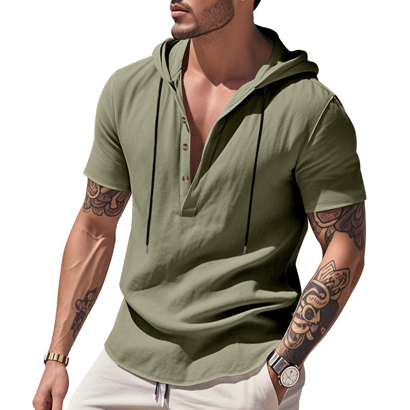Breathable Linen Hooded Henley Shirt With Short Sleeves My stor