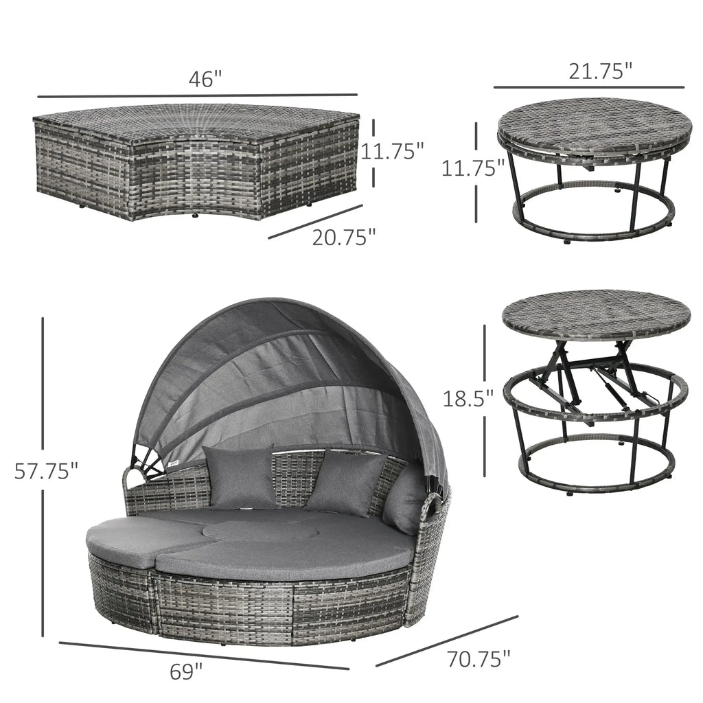 4 Piece Round Rattan Daybed, Convertible Patio Furniture Set, Adjustable Sun Canopy, Sectional Outdoor Sofa, 2 Chairs, Extending Tea Table Ottoman Chair, 3 Pillows, Gray My stor