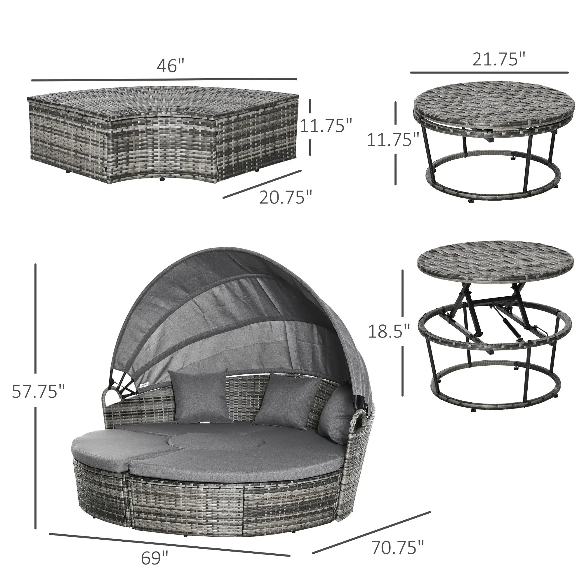 4 Piece Round Rattan Daybed, Convertible Patio Furniture Set, Adjustable Sun Canopy, Sectional Outdoor Sofa, 2 Chairs, Extending Tea Table Ottoman Chair, 3 Pillows, Gray My stor