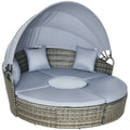 4 Piece Round Rattan Daybed, Convertible Patio Furniture Set, Adjustable Sun Canopy, Sectional Outdoor Sofa, 2 Chairs, Extending Tea Table Ottoman Chair, 3 Pillows, Light Gray My stor