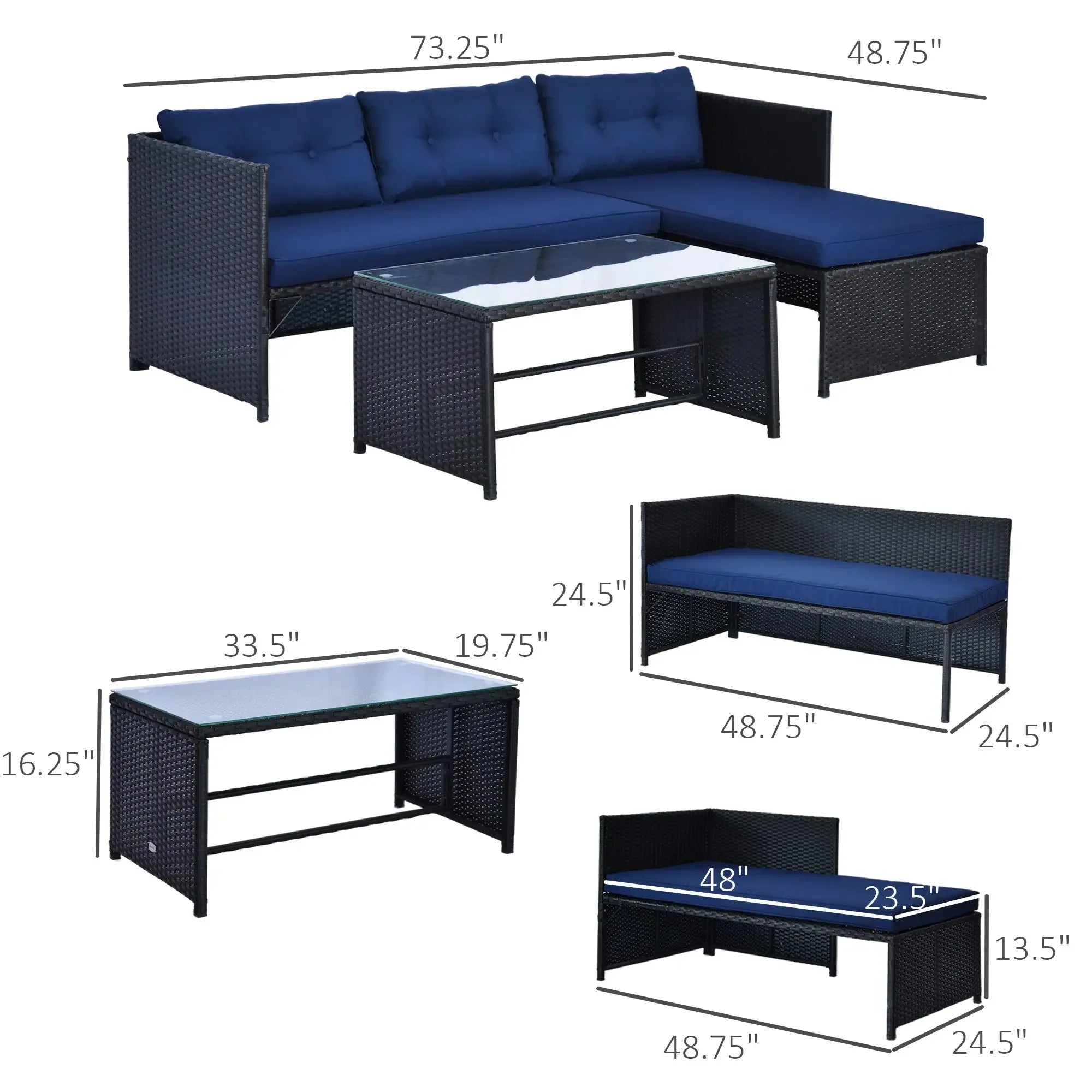 3 Piece Patio Furniture Set, Rattan Outdoor Sofa Set with Chaise Lounge & Loveseat, Soft Cushions, Tempered Glass Table, L-Shaped Sectional Couch, Blue My stor