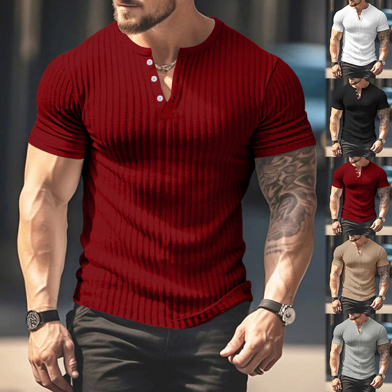 Men's Short Sleeve Top Sunken Stripe V-neck Slim Fit Henley T-shirt My stor