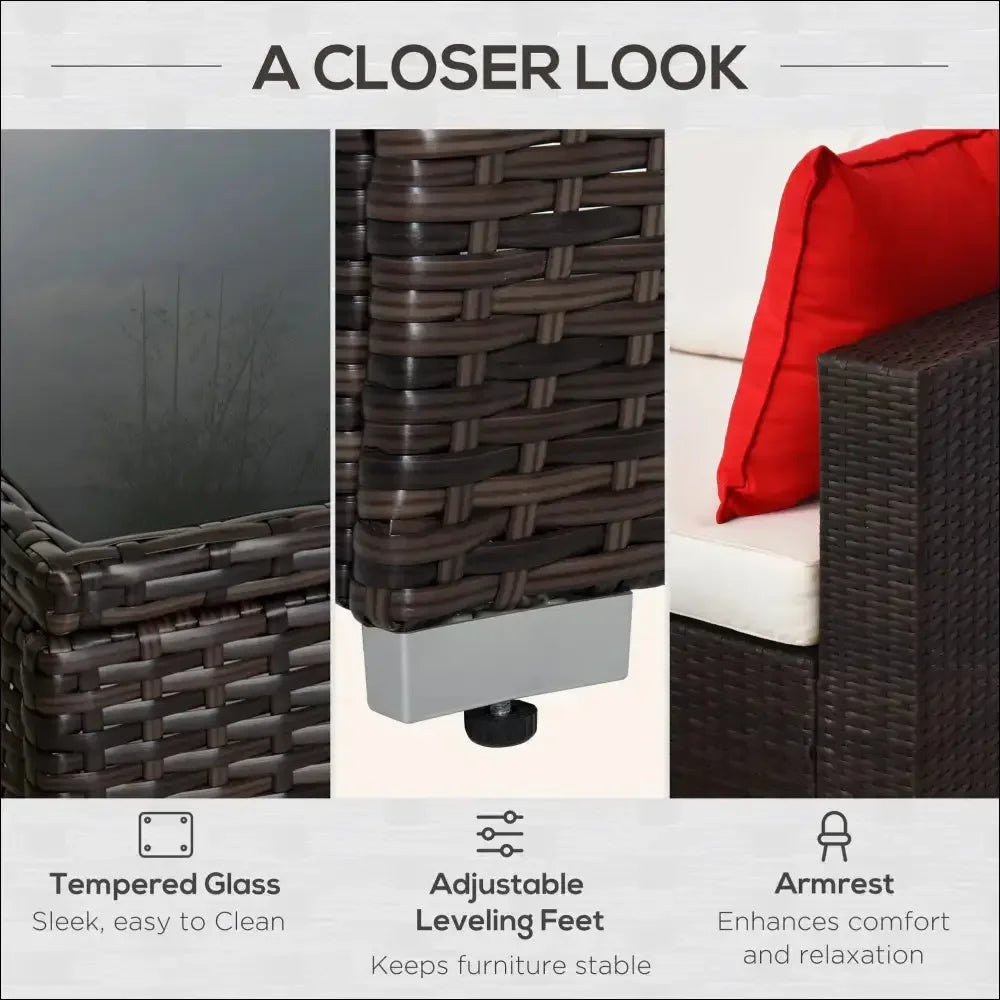 Juego de muebles de patio mimbre marrón con cojines rojos y blancos