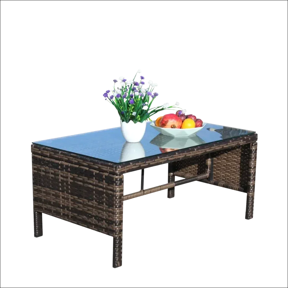 Mesa de café con cristal templado claro de mimbre marrón