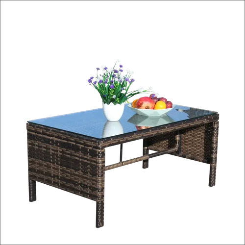 Mesa de café con cristal templado claro de mimbre marrón