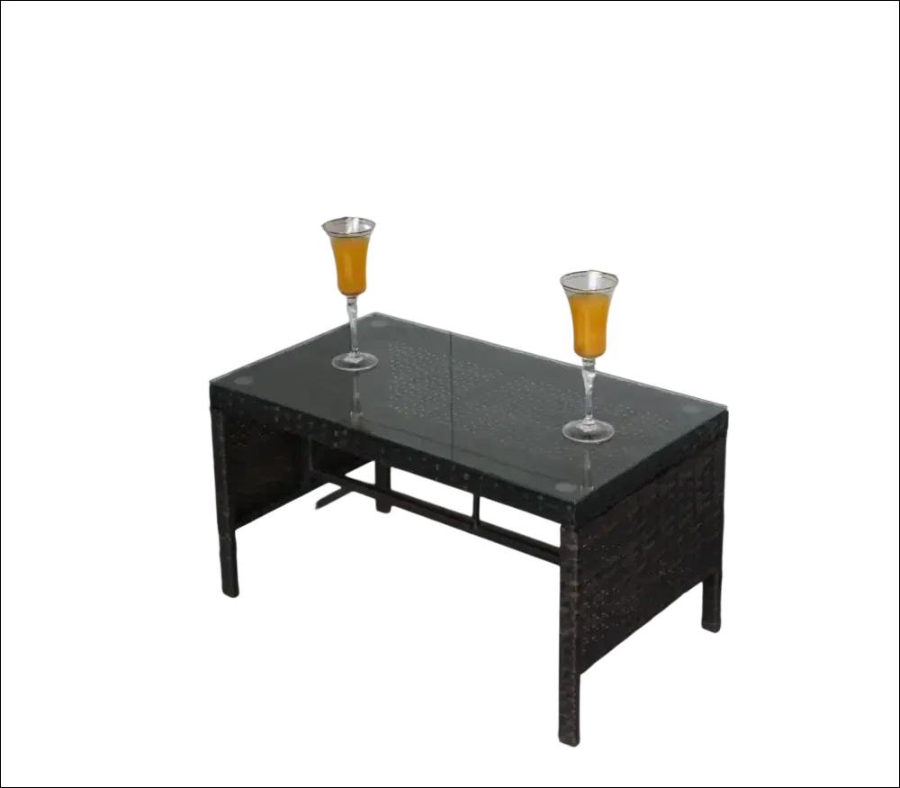 Mesa de café con cristal templado claro de mimbre marrón