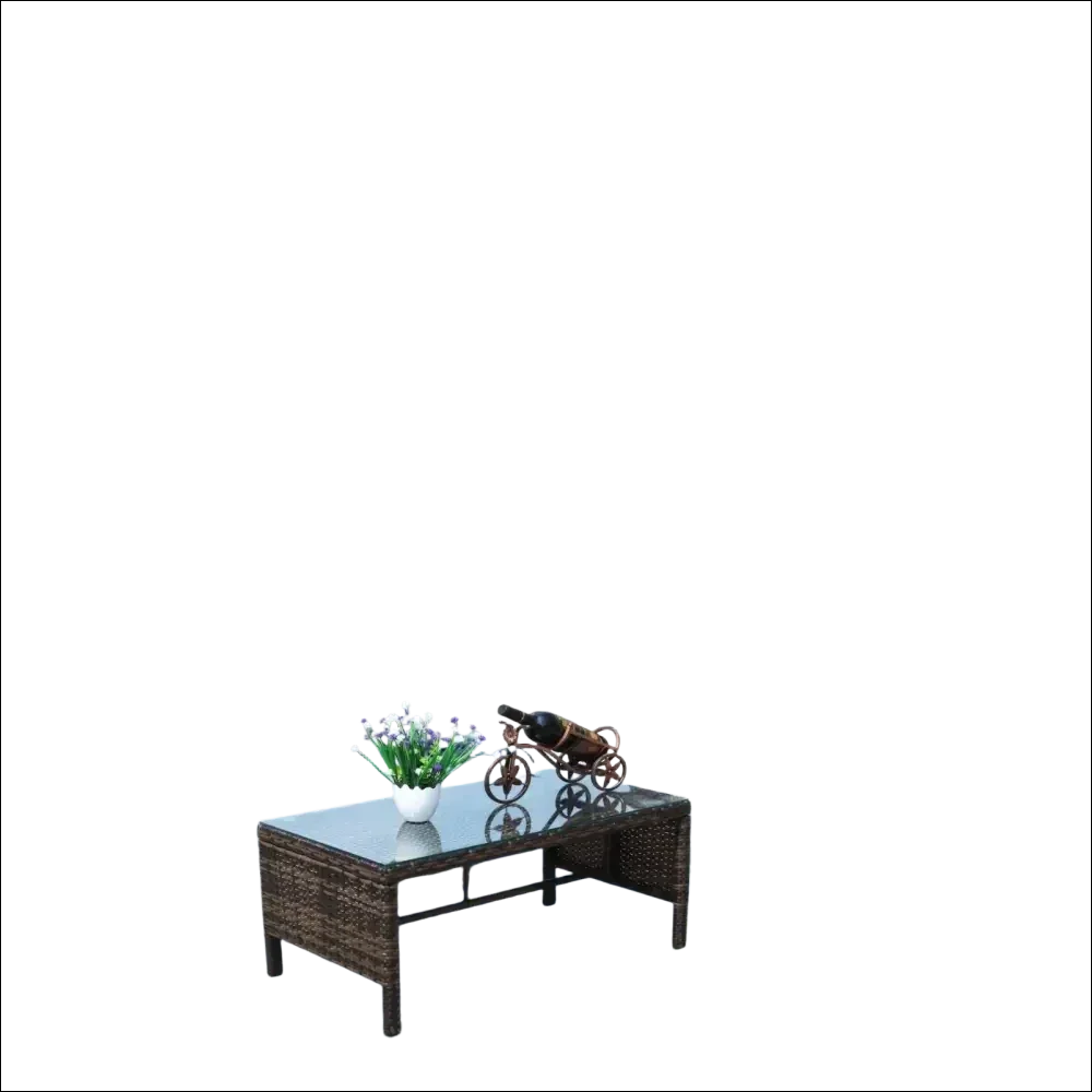 Mesa de café con cristal templado claro de mimbre marrón