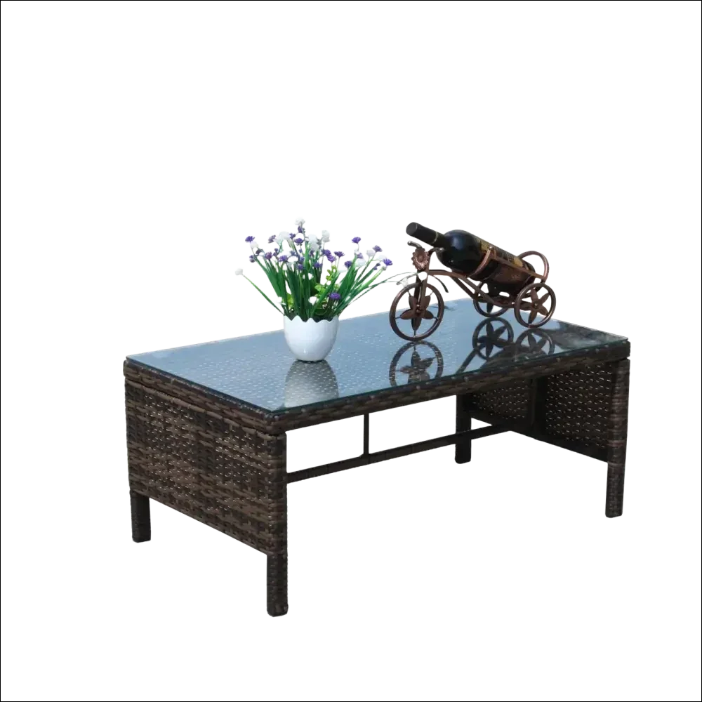 Mesa de café con cristal templado claro de mimbre marrón