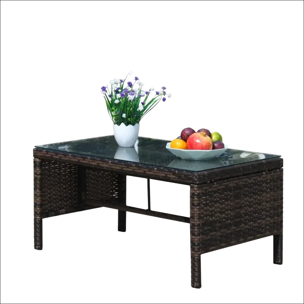 Mesa de café con cristal templado claro de mimbre marrón