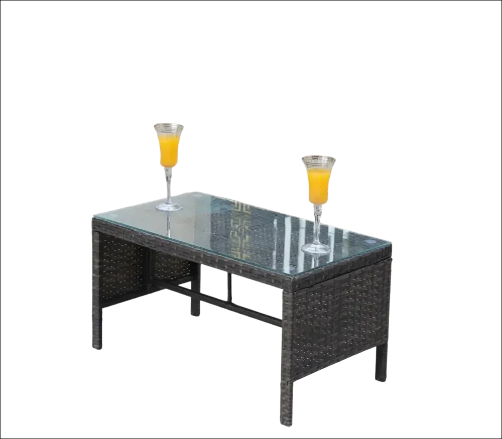 Mesa de café con cristal templado claro de mimbre marrón