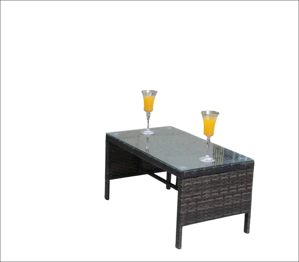 Mesa de café con cristal templado claro de mimbre marrón