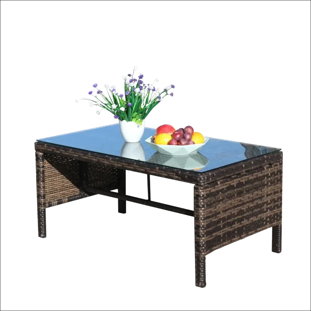 Mesa de café con cristal templado claro de mimbre marrón