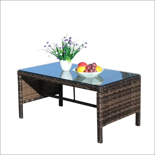 Mesa de café con cristal templado claro de mimbre marrón