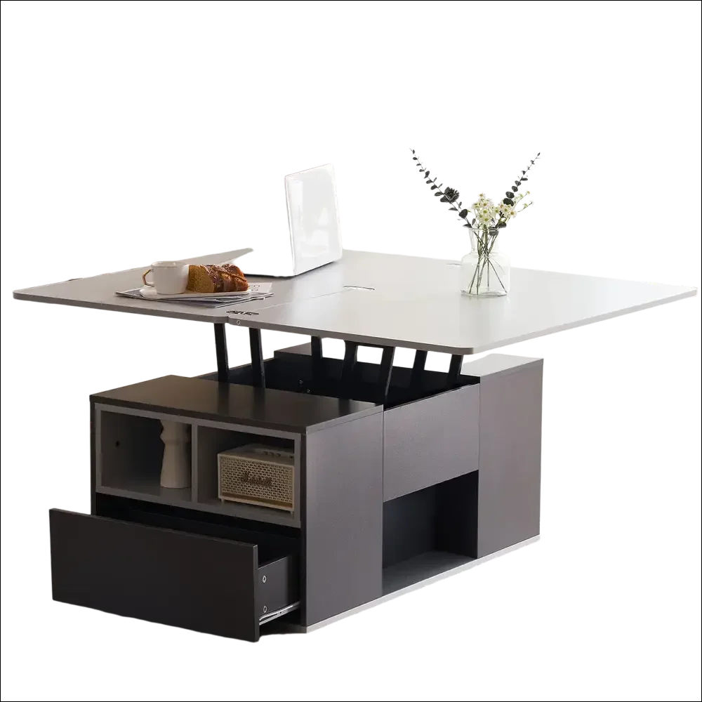 Mesa de centro gris elevable con almacenamiento minimalista