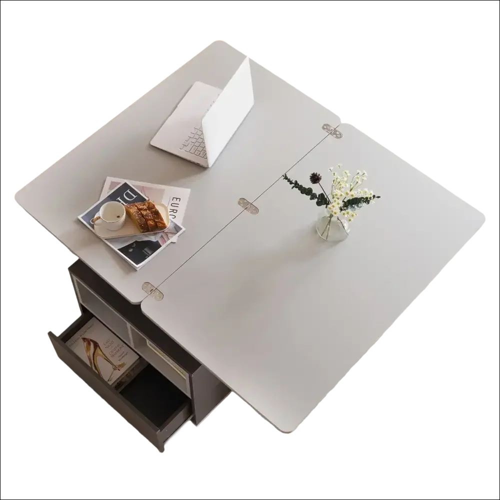 Mesa de centro gris elevable con almacenamiento minimalista
