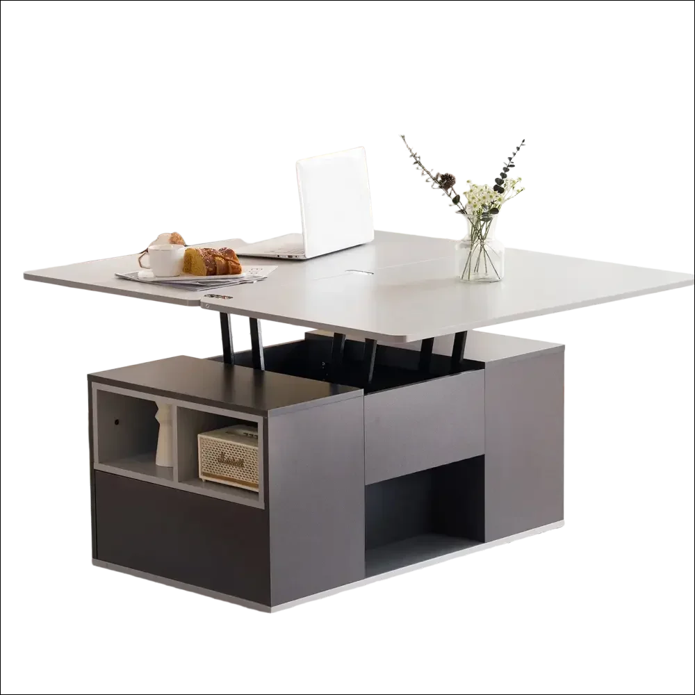 Mesa de centro gris elevable con almacenamiento minimalista