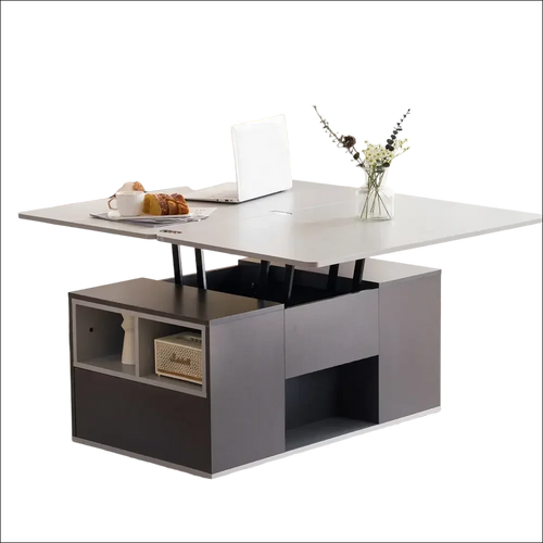 Mesa de centro gris elevable con almacenamiento minimalista