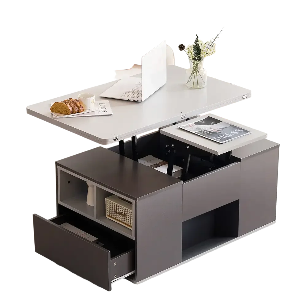 Mesa de centro gris elevable con almacenamiento minimalista
