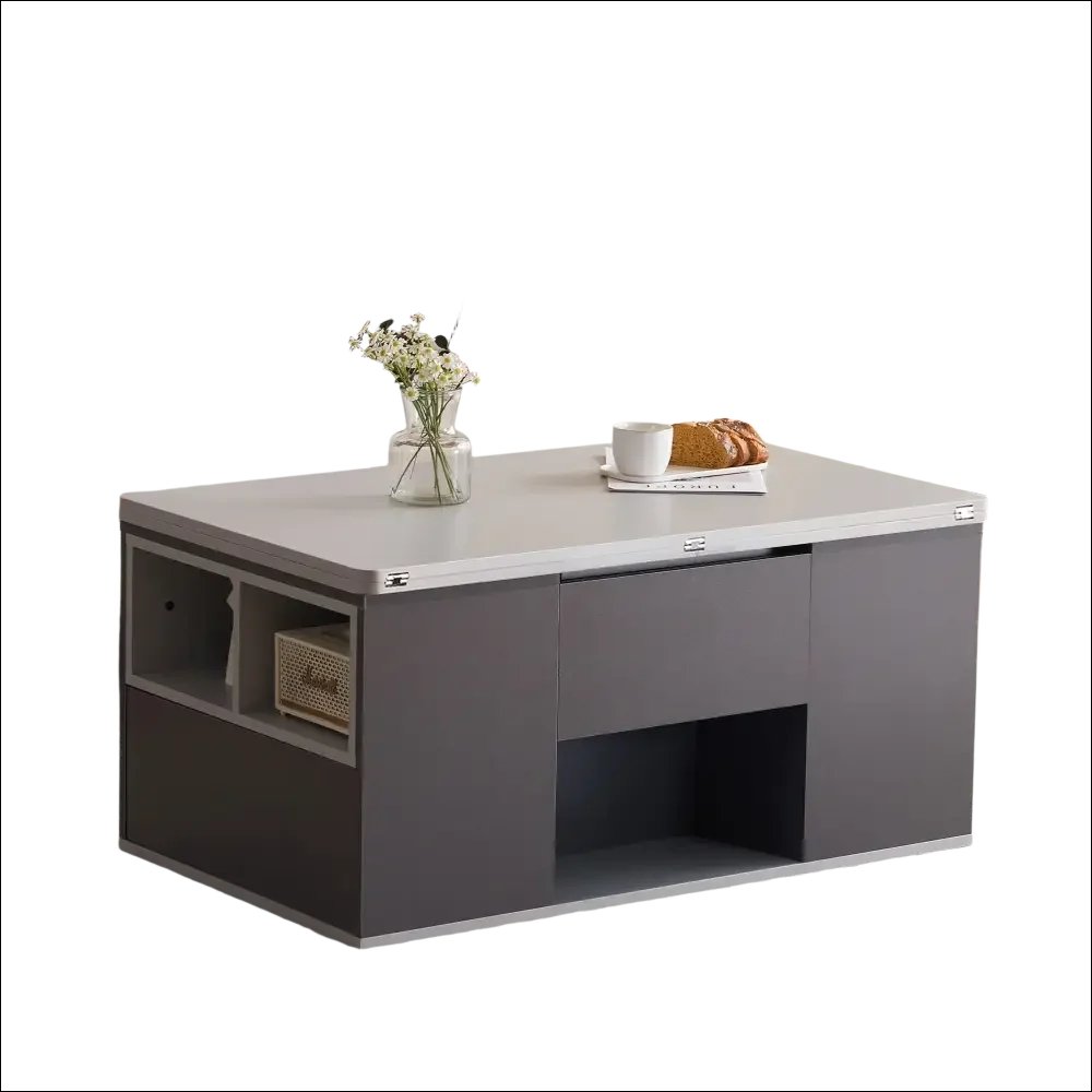 Mesa de centro gris elevable con almacenamiento minimalista