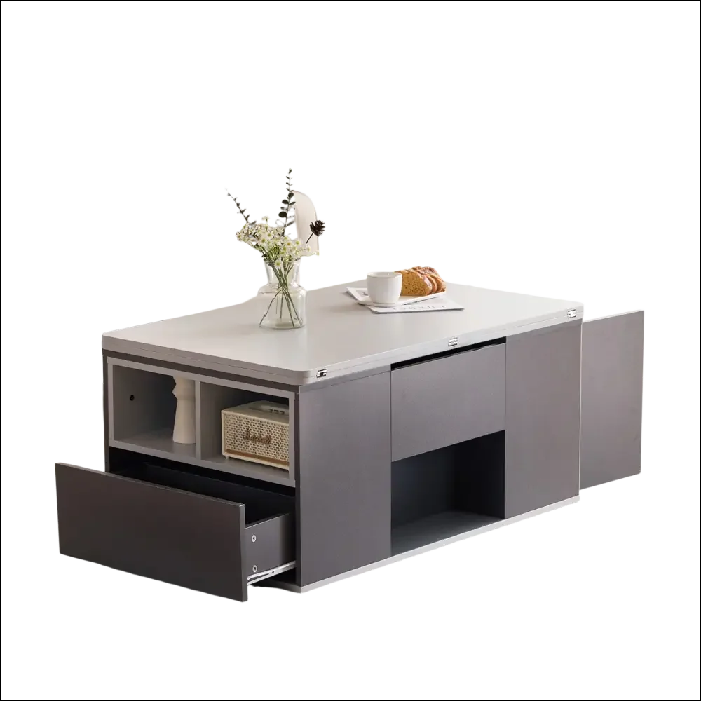 Mesa de centro gris elevable con almacenamiento minimalista
