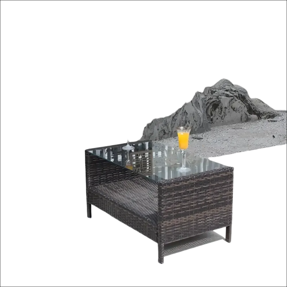 Mesa de mimbre marrón oscuro con cristal templado transparente para exterior