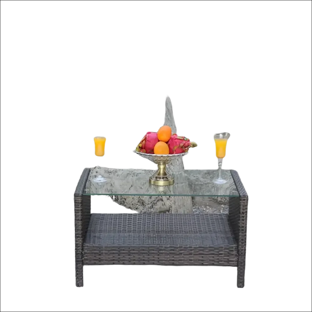 Mesa de mimbre gris oscuro con cristal templado transparente exterior