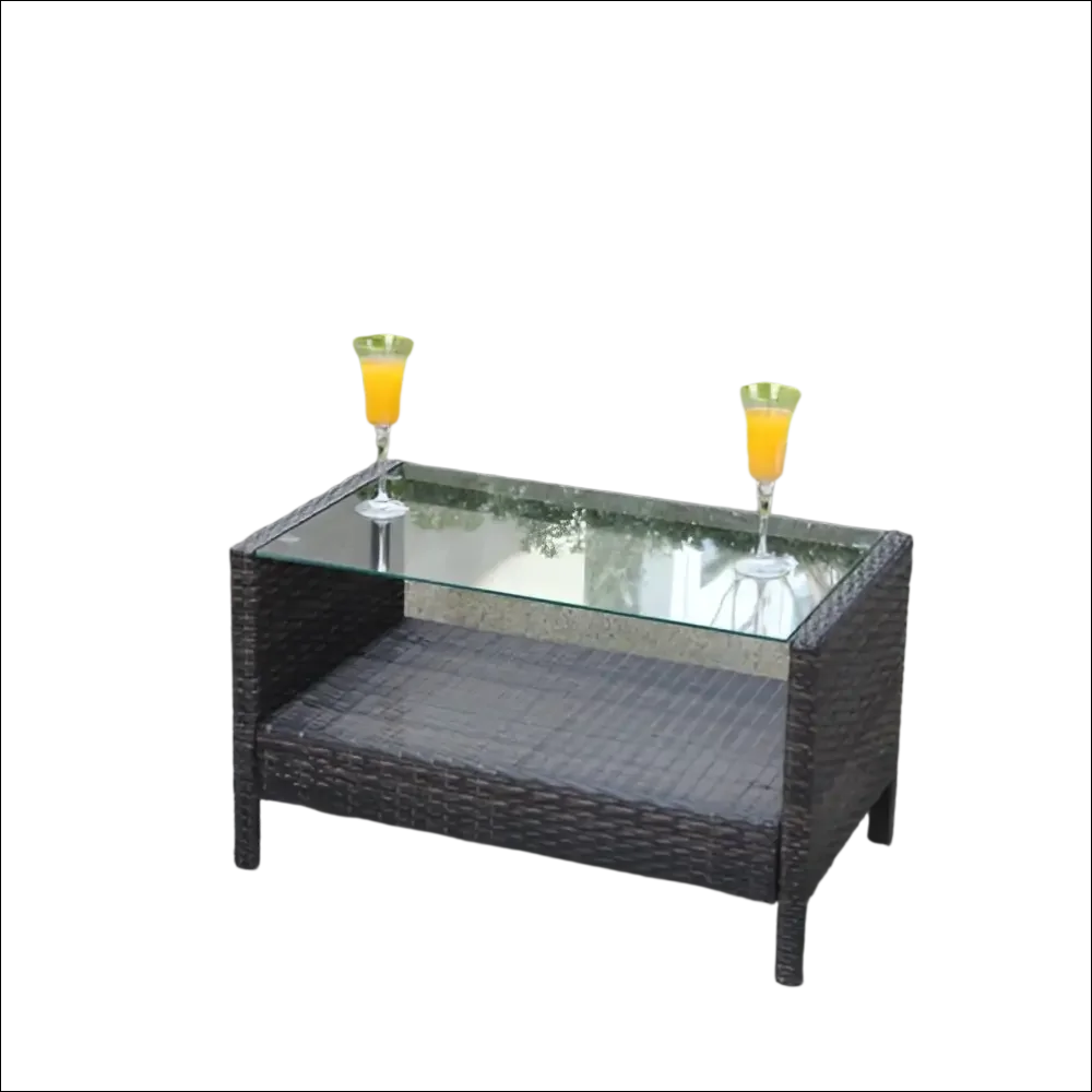 Mesa de mimbre marrón oscuro con cristal templado transparente para exterior