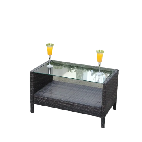 Mesa de mimbre marrón oscuro con cristal templado transparente para exterior