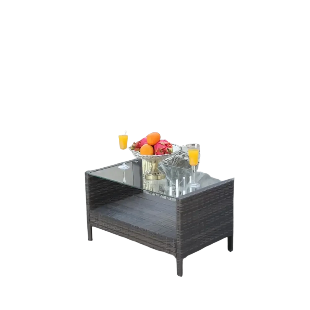 Mesa de mimbre marrón oscuro con cristal templado transparente para exterior