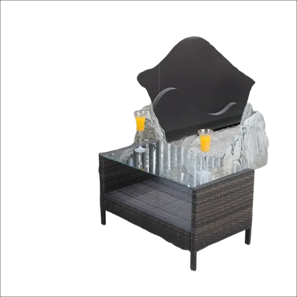 Mesa de mimbre oscura con cristal templado transparente para exterior