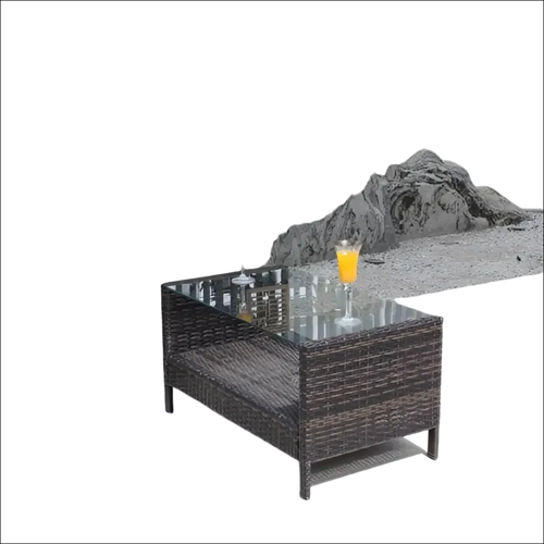 Mesa de mimbre oscura con cristal templado transparente para exterior