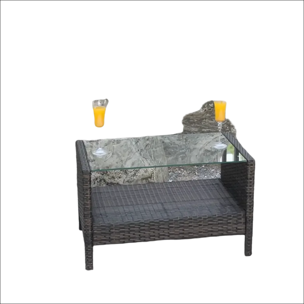 Mesa de mimbre marrón oscuro con cristal templado transparente para exterior
