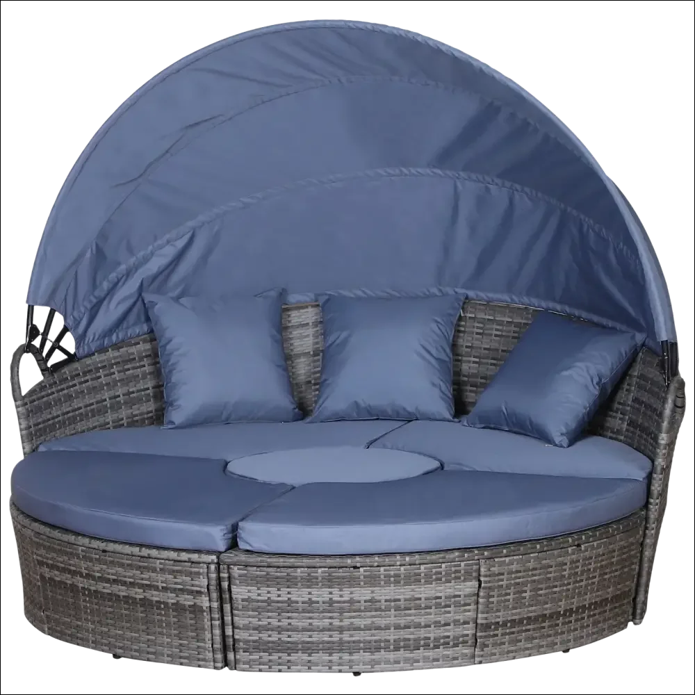 Mobiliario de jardín de ratán gris redondo con toldo azul retráctil