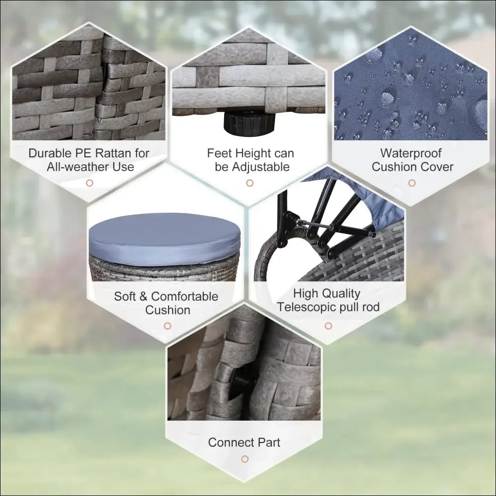 Silla de jardín de ratán gris con cojín azul y toldo retráctil