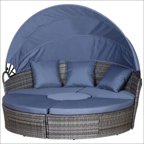 Mobiliario de jardín de ratán gris redondo con toldo retráctil azul