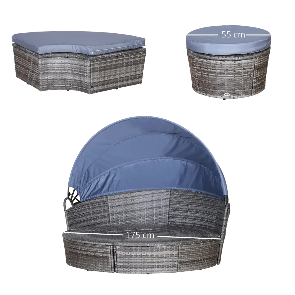 Mobiliario de jardín de ratán gris con toldo retráctil azul