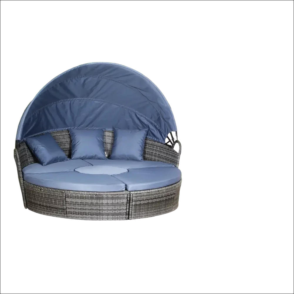 Mobiliario de jardín de ratán gris redondo con toldo retráctil azul