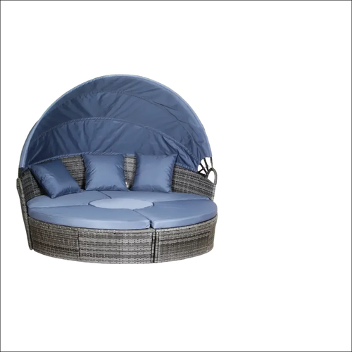 Mobiliario de jardín de ratán gris redondo con toldo retráctil azul