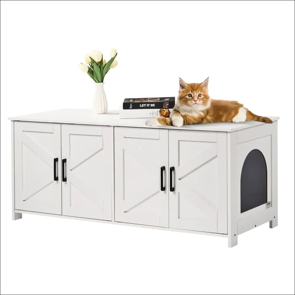 Mueble para caja de arena de madera blanca estilo granja con entrada arqueada