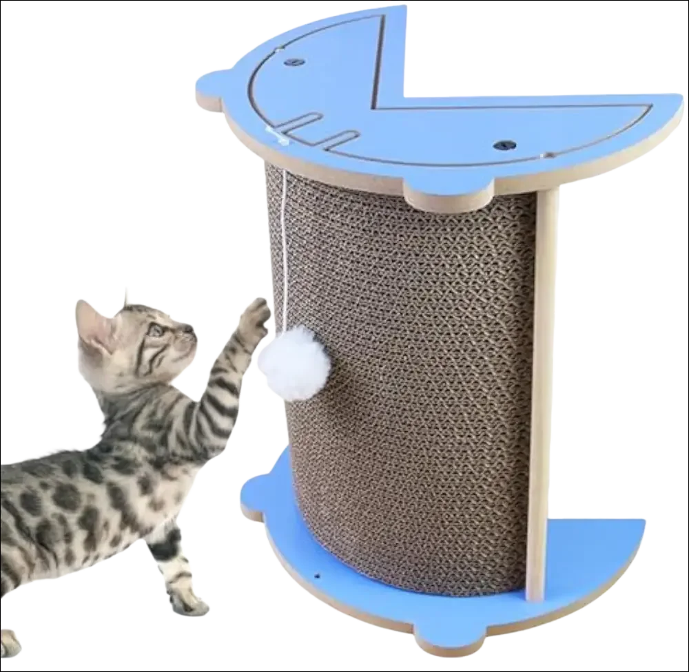 Rascador de esquina para gatos tiburón azul de cartón con pompón