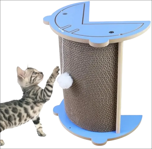 Rascador de esquina para gatos tiburón azul de cartón con pompón