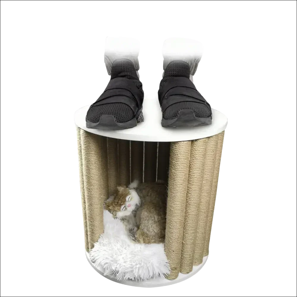 Rascador para mascota cilíndrico blanco con cama de sisal