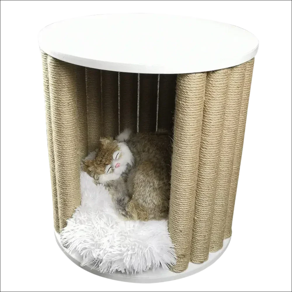 Rascador para mascota cilíndrico blanco con cama de sisal