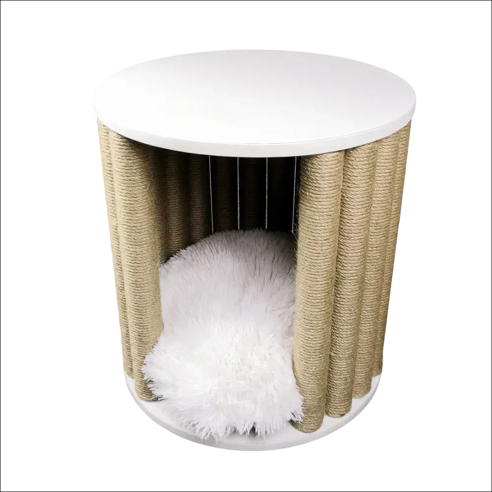 Rascador para mascota cilíndrico blanco con cama de sisal