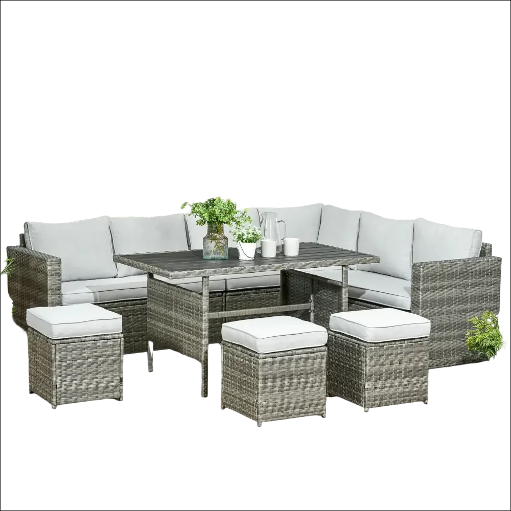 Sofá seccional de mimbre gris con otomanas para patio