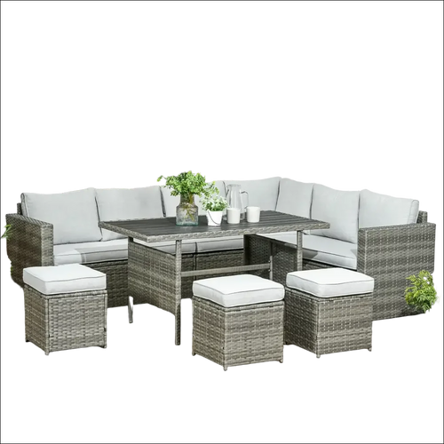 Sofá seccional de mimbre gris con otomanas para patio