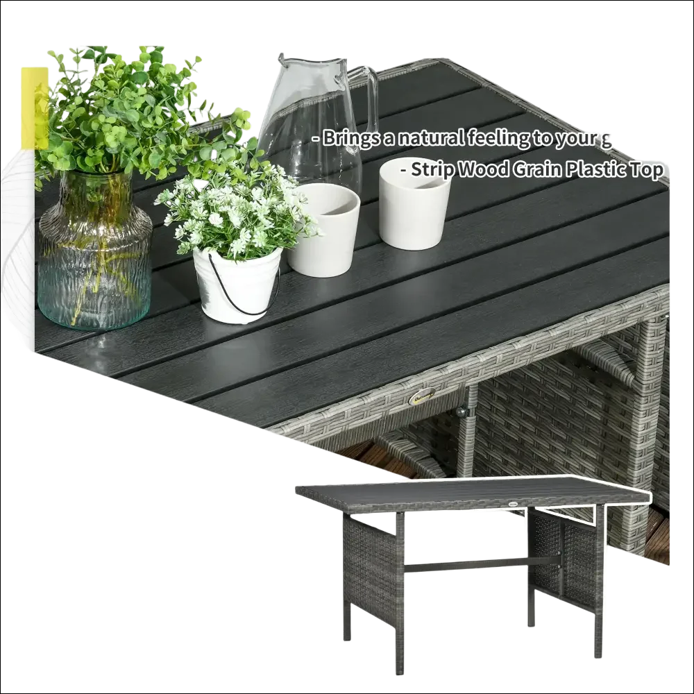 Mesa de comedor de mimbre gris con marco de ratán tejido